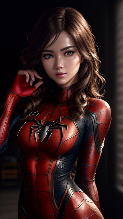 (RAW, analogue, Nikon Z 14mm ultra-wide angle lens, award-winning glamour photograph, ((best quality)), ((masterpiece)), ((realistic)), skin pores, subsurface scattering, radiant light rays, high-res, detailed facial features, high detail, sharp focus, smooth, aesthetic, extremely detailed, (extremely detailed eyes, extremely detailed iris), extremely detailed hair, extremely detailed skin, extremely detailed clothes, octane render, photorealistic, realistic, post-processing, max detail, realistic shadows, roughness, natural skin texture, real life, ultra-realistic, photorealism, photography, 8k UHD, photography, hdr, intricate, elegant, highly detailed, sharp focus, stunning, beautiful, gorgeous), Detailed realistic beautiful female 18 year-old girl as Spiderman from Marvel, makeup, full body visible, brown hair, realistic skin, photorealistic, athletic body, realistic, cinematic shot, (extremely detailed CG unity 8k wallpaper), trending on ArtStation, trending on CGSociety, High Detail, Sharp focus, dramatic, beautiful background, full shoot, high quality, (beautiful face), (detailed face), detailed hands, beautiful hands