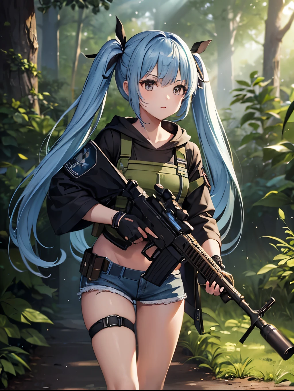 (masterpiece:1.3),(Very detailed:1.3),(High resolution:1.1),8k,highest quality,Super detailed,M249_Ticker,survival game、Light blue long hair、Twin tails、One girl,Crop top,No sleeve,Trenta Hood,Shorts,Fingerless gloves,Ammunition belt,In the forest、