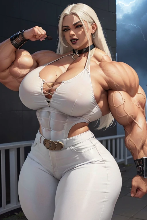 ((((Massive, beautiful, buff, light brown skinned, muscular woman with white hair, black lipstick, ginormous bulky muscles and wearing a beautiful white unbuttoned blouse with white denim pants)))), (close view), massive muscles, massive biceps, hyper muscle triceps, (long straight hair), white denim pants, (chain belt), blue eyes, (chained gauntlets), high heels boots, (in the middle of a tornado storm), night, smug smile, hyper muscles arms, hyper muscle legs, massive arms.