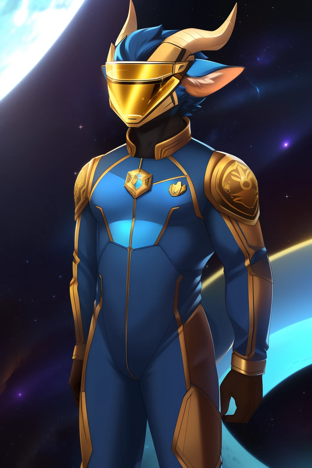 Solo, Male, faun, space suit, ((horns, pointed ears)), standing, (detailed space suit - precise design and embellishments, sleek material with a distinct sheen under the light)), blue space suit, (muscular physique complementing the ornate armor)), gold accents, ( confidential mission badge on the chest)),((mirrored visor concealing an inquisitive gaze)), long, flowing tail streaming behind, (gold trimmings along the tail), ((light source casting an ambient glow on the suit, accentuating the curves and details of the armor)),(midnight-hued fur contrasting elegantly with the shiny space suit), (moonlit setting