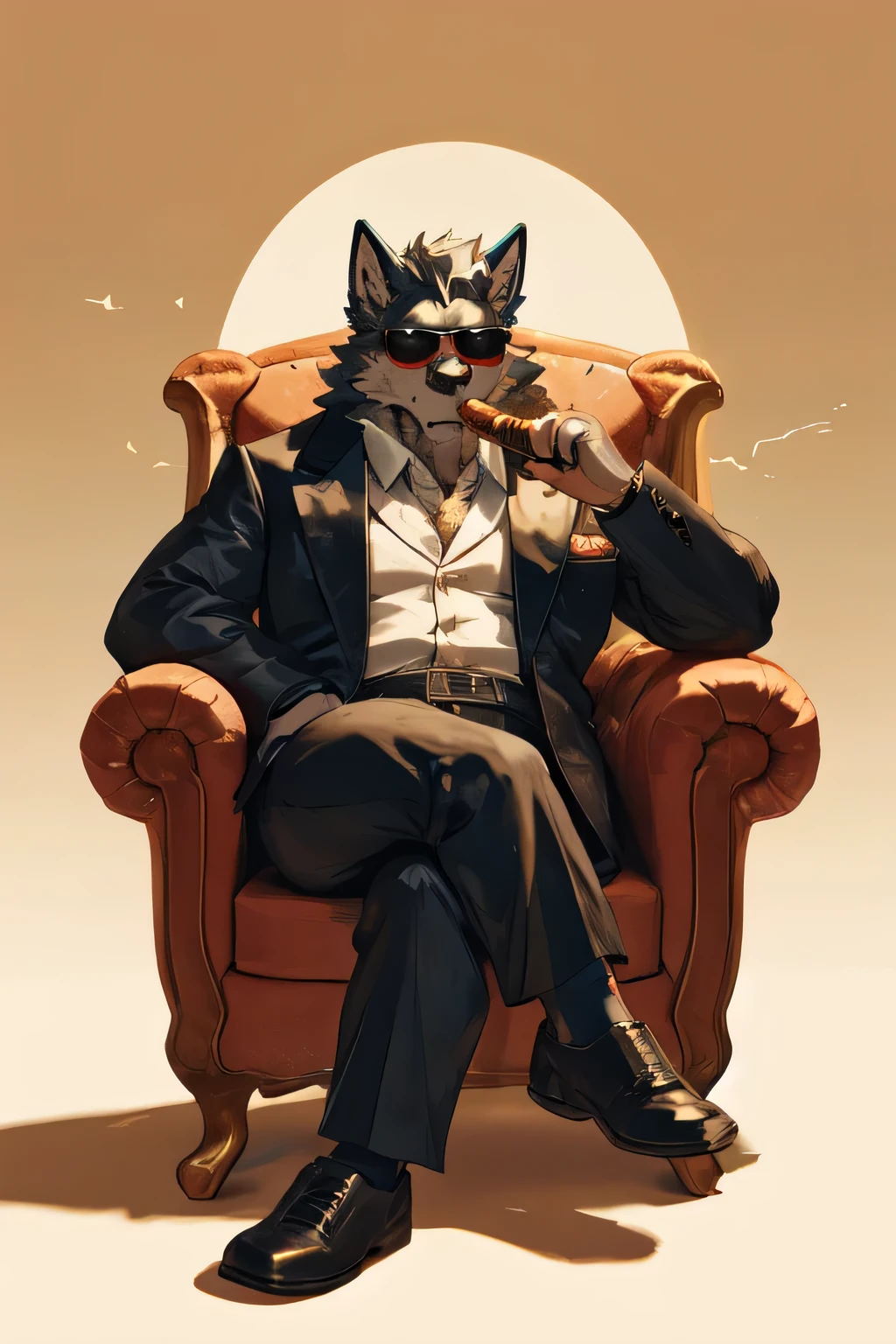 Wear sunglasses、An old anthro Wolf with a cigar and a mafia boss sitting in an armchair with crossed legs、Vintage Sepia Photography