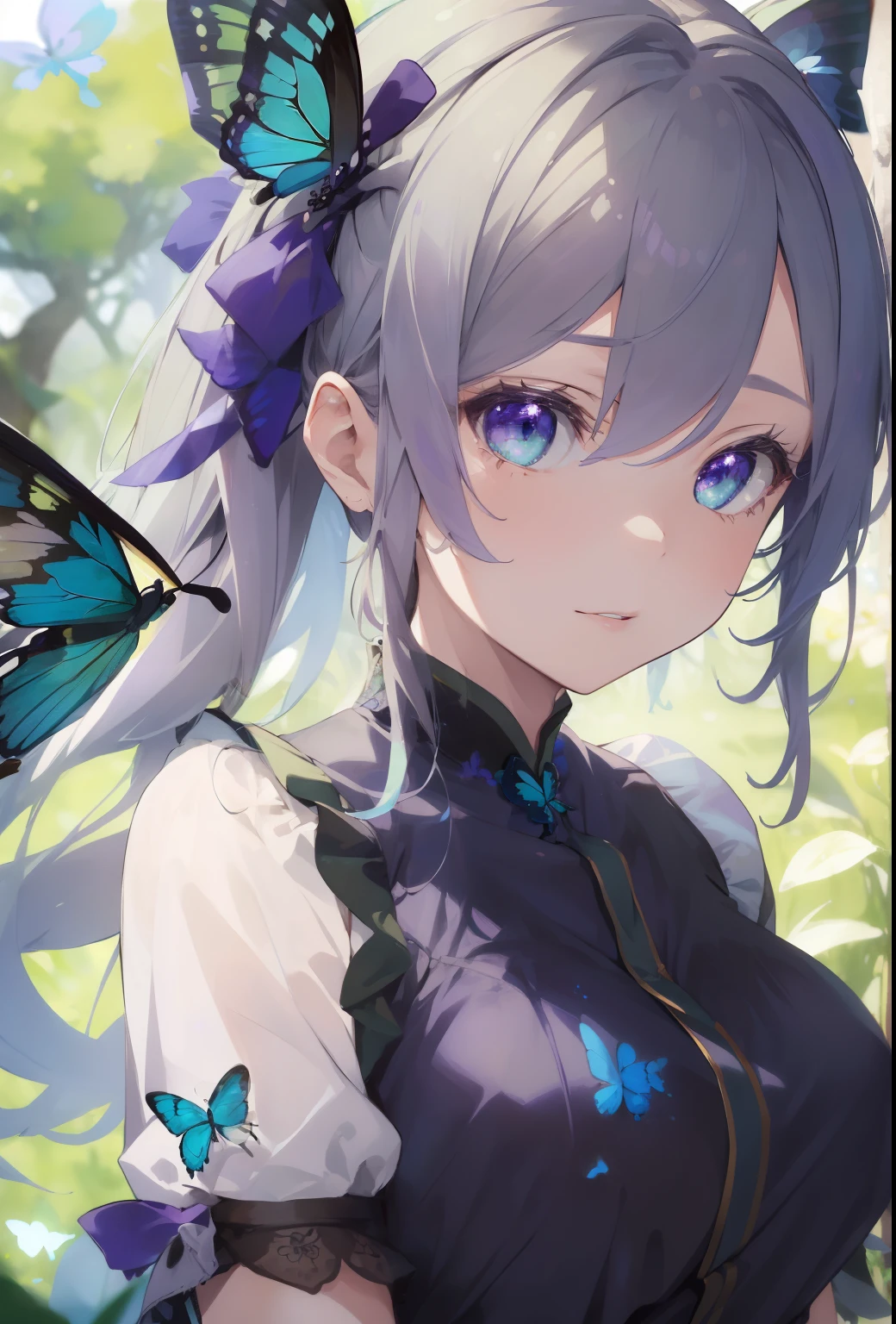 ((masterpiece)), (((best quality))), ((extremely detailed)), colorful, hdr, 1girl, solo, upper body, grey hair,green eye, luotianyi (xiachong),xiachong, black and purple dress, (blue butterfly), white butterfly wings
