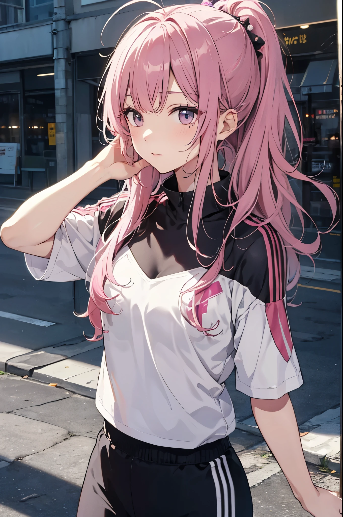 (Pretty sister:1.3)、(Super detailed)、Sporty、Messy Hair、moisture、Pink Hair