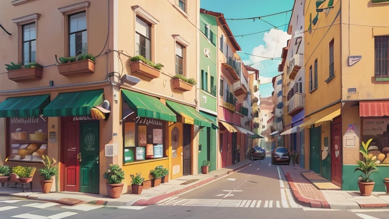 fachada de uma padaria colorida, escrito "PADARIA", between several businesses on the street