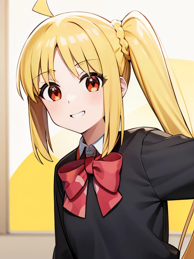 blonde_hair, long_hair, bangs, side_ponytail, look at viewer, ahoge, red_eyes, bow, red_bow, smile mouth, face of happiness 