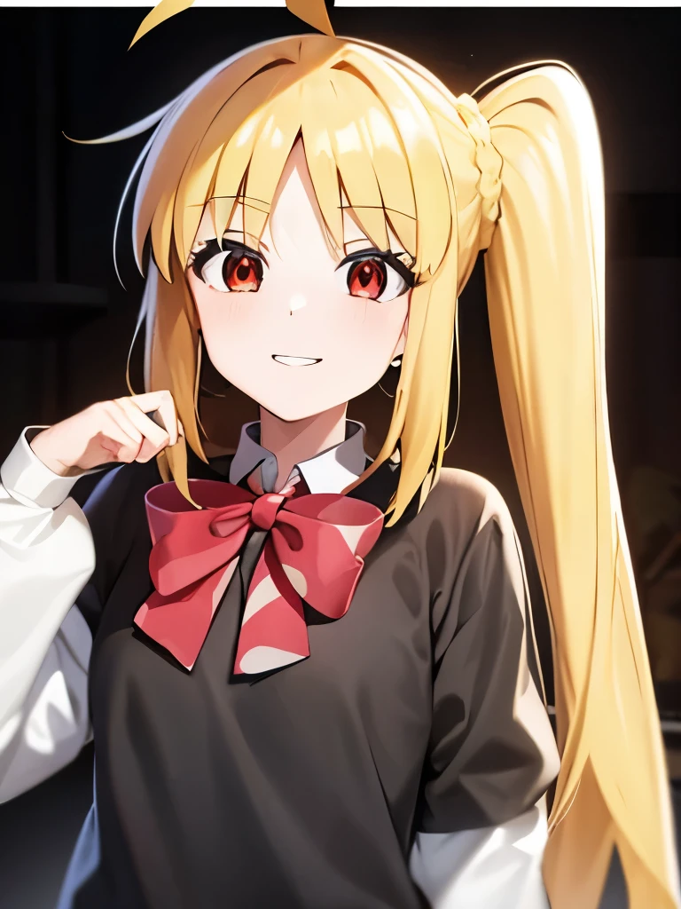 blonde_hair, long_hair, bangs, side_ponytail, look at viewer, ahoge, red_eyes, bow, red_bow, smile mouth, face of happiness 