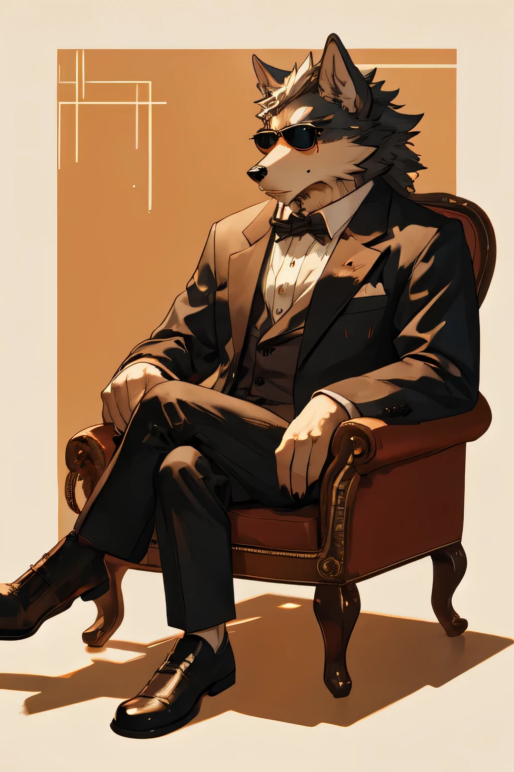 Wear sunglasses、An old anthro Wolf and a mafia boss sitting in an armchair with crossed legs、Vintage Sepia Photography