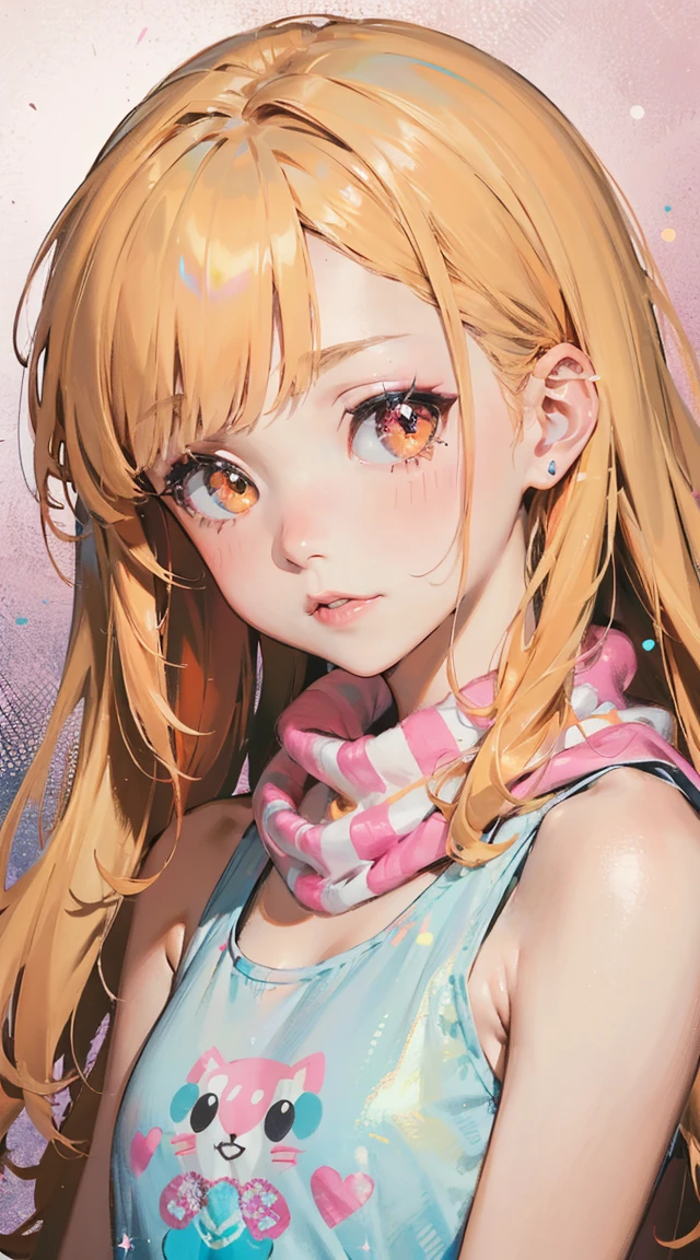 1girl, orange hair, long hair, bangs, opalescent, pearlescent, holographic, diamond eyes, orange eyes, kawaii tech, glitter eyes, ,bishoujo,kawaiitech, pastel colors, kawaii, cute colors,glow hair, kawaii precious, pink highlights in hair, pink tank top with lace trim, tan scarf