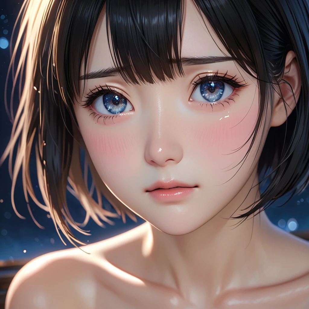 National Science Foundation,masterpiece,High resolution,8K,Art,digit,Three-dimensional,Realism,Kyoto Animation Style,Your name style,looking into camera,Soft Light,Glowing skin,(1 female: 1.3),(alone: 1.4),(((black hair))),(Naked upper body),Long eyelashes,Slender legs,Short Bob,Close-up of upper body,Close-up,close view,(Eyes as deep as the starry sky),(blush),(shy),(lovely and delicate),(Pitiful),(cry),(shed tears),(((sadness)))