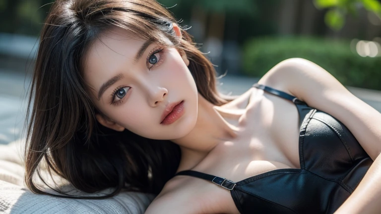 Black satin lingerie( masterpiece, highest quality, highest quality,8k,,Super detailed,RAW Photos:1.5),(Realistic:1.4), (Black Hair:1.5), (Cinema Lighting), Perfect NwsjMajic, , Surrealism, Ultra-high resolution, Accurate, Super detailed, Textured skin, High detail, highest quality, Dynamic Angle, (High nose,White skin),[Beautiful Blue Eyes],[Flat Chest:Big Breasts:0.5],(One girl),(Excellent anatomy:0.5)),(outside:1.5),