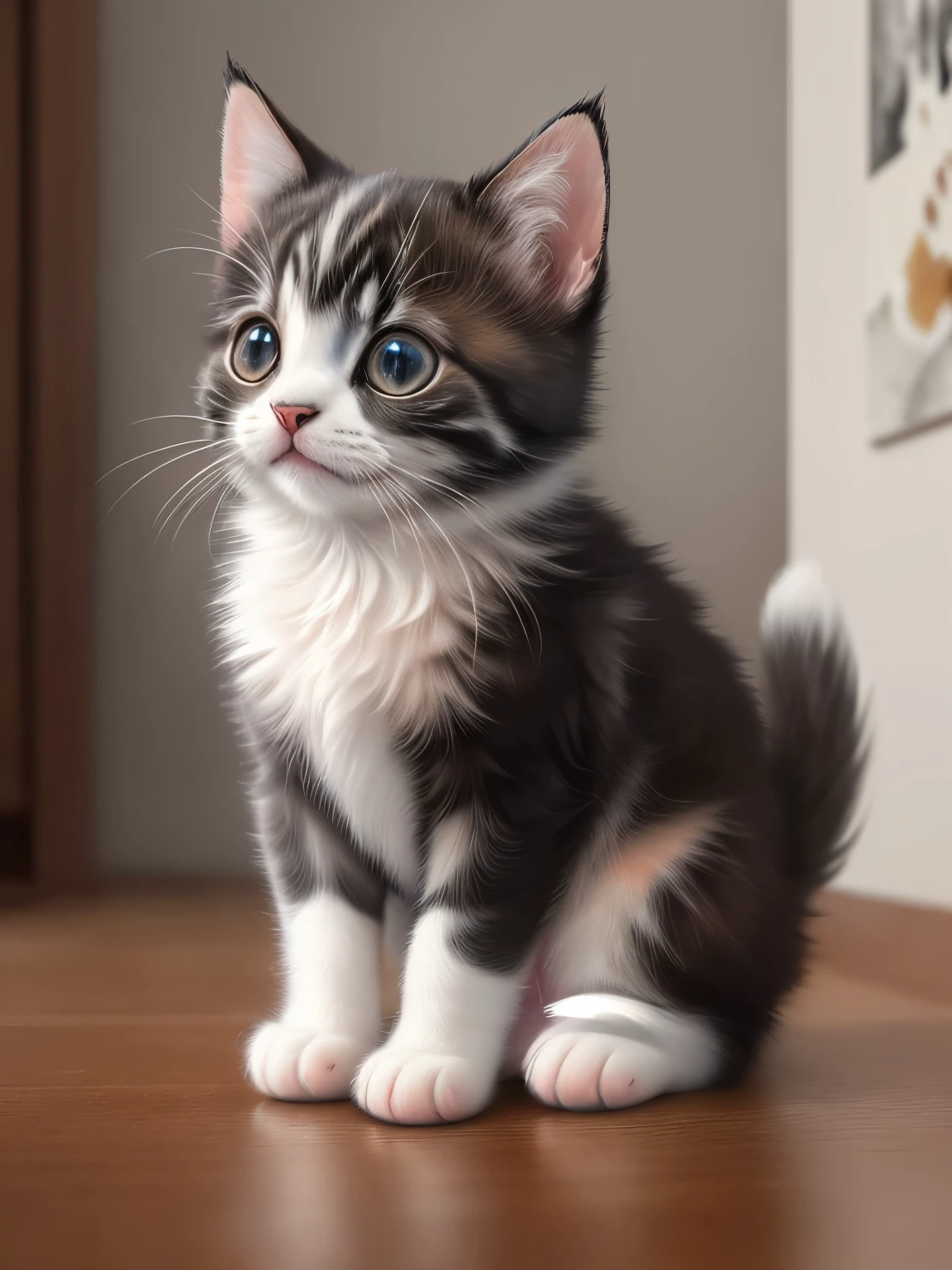 (highest quality,4K,8k,High resolution,masterpiece:1.2),Super detailed,(Realistic,Realistic,Photorealistic:1.37),indoor,Cute black and white mixed kitten,Beautiful crack、Art Gallery、(Very small kitten)、Random Pause