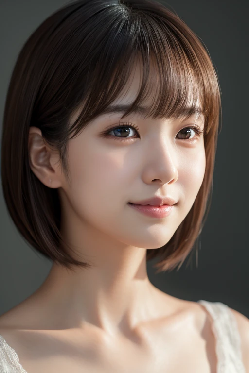 1 Japanese girl, (RAW Photos, highest quality), (Realistic, Realistic:1.4), Tabletop, Very delicate and beautiful, Very detailed, 8k wallpaper, wonderful, In detail, Very detailedなCG Unity, High resolution, Soft Light, Beautiful details 19 years old, Very detailedな目と顔, Beautiful and sophisticated nose, Beautiful details,Cinema Lighting,Perfect Anatomy,Slender body,smile (Asymmetrical bangs,),Nose hook