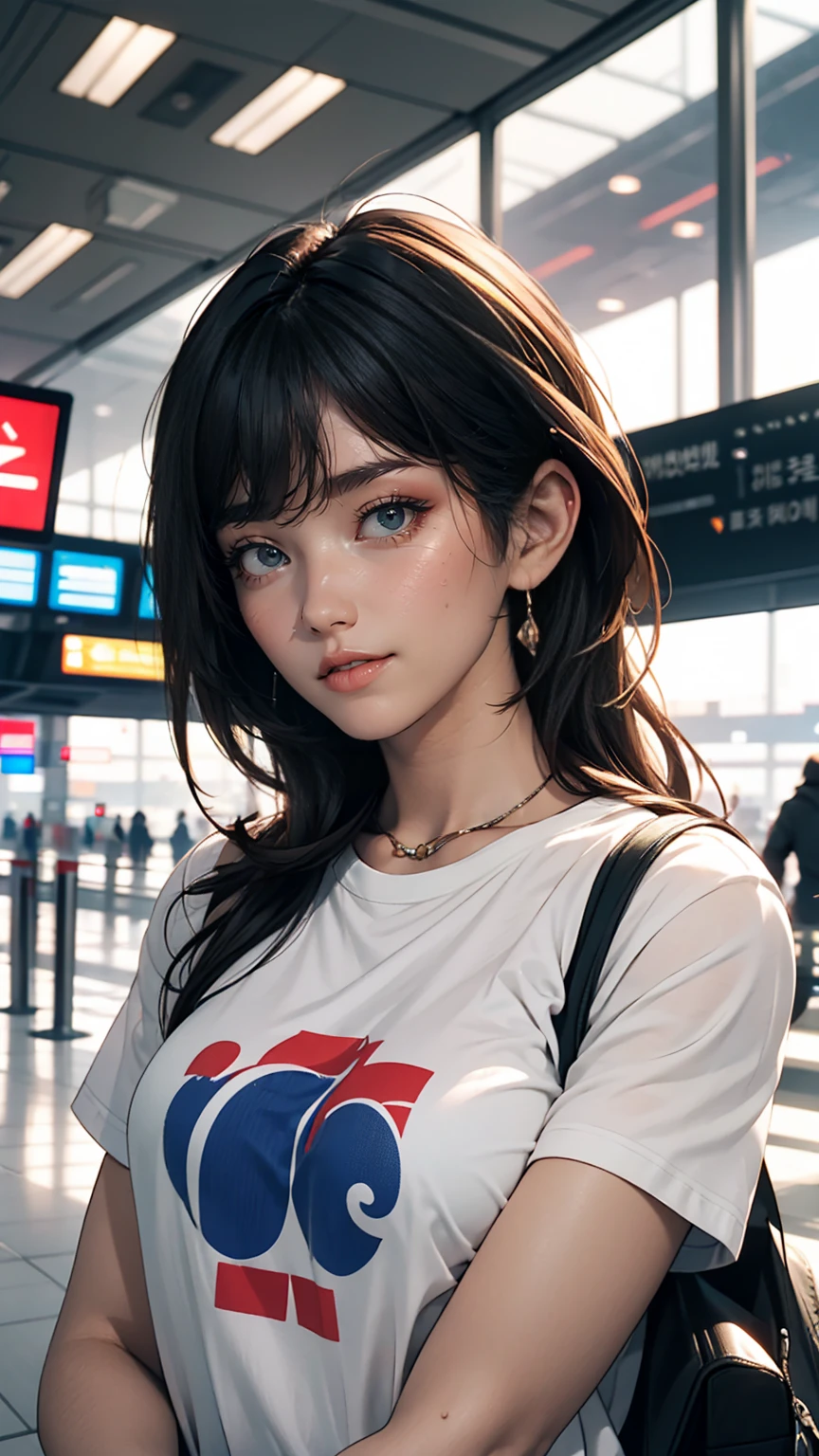 Real photos of Korean women, Crossed bangs, smile, T-Shirts, At the airport, throw, Eye-level shot, Blurred, 超High resolution, masterpiece, High resolution, 16k  