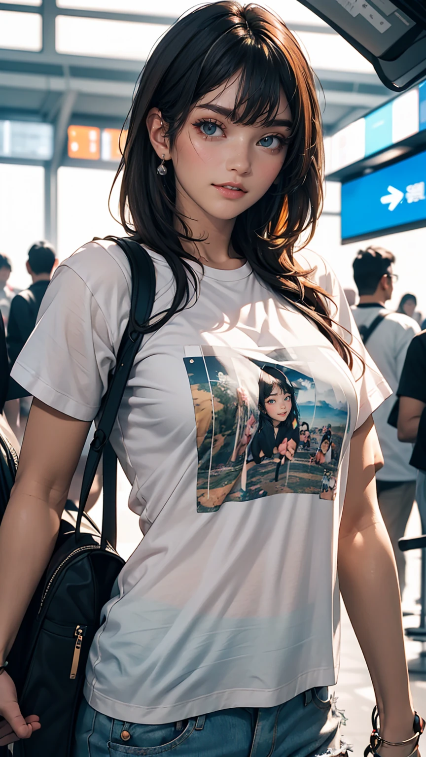 Real photos of Korean women, Crossed bangs, smile, T-Shirts, At the airport, throw, Eye-level shot, Blurred, 超High resolution, masterpiece, High resolution, 16k  