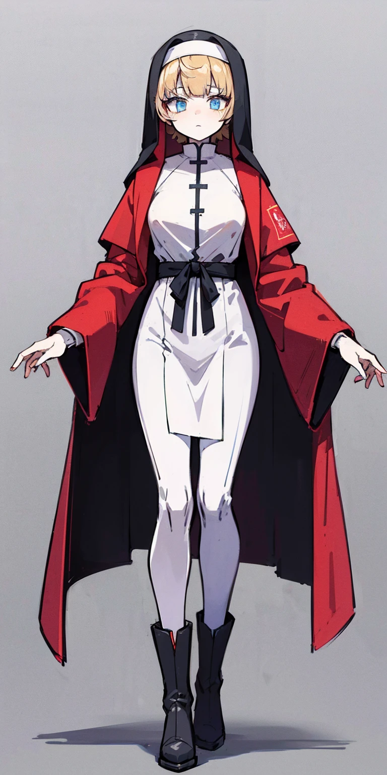 (Masterpiece, best quality), (detailed hair), ultra-detailed, anime style, full body of mechanical undead girl, pale gold hair and glowing ultra-blue eyes, pale steel skin, ragged red robe and nun`s habit, high-heeled boots, digital painting, 8k high resolution, trending art station, white background, whole body, bodybuilder