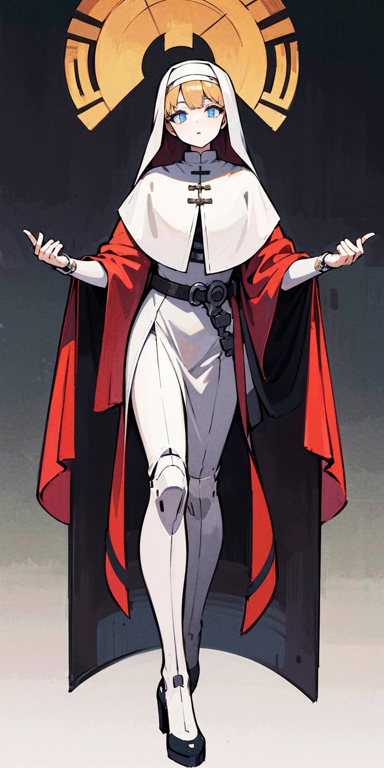(Masterpiece, best quality), (detailed hair), ultra-detailed, anime style, full body of mechanical undead girl, pale gold hair and glowing ultra-blue eyes, pale steel skin, ragged red robe and nun`s habit, high-heeled boots, digital painting, 8k high resolution, trending art station, white background, whole body, bodybuilder