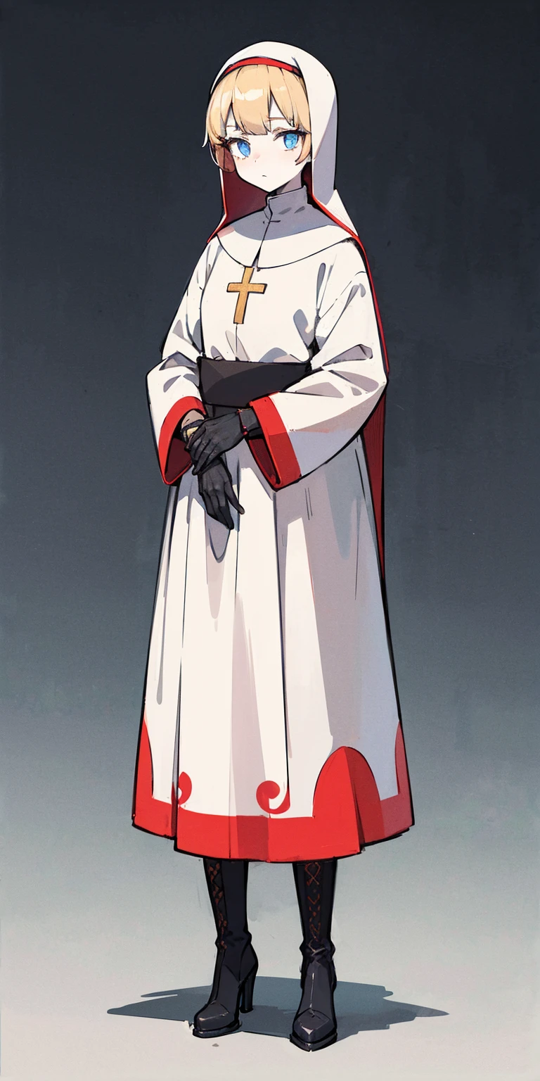 (Masterpiece, best quality), (detailed hair), ultra-detailed, anime style, full body of mechanical undead girl, pale gold hair and glowing ultra-blue eyes, pale steel skin, ragged red robe and nun`s habit, high-heeled boots, digital painting, 8k high resolution, trending art station, white background, whole body, bodybuilder