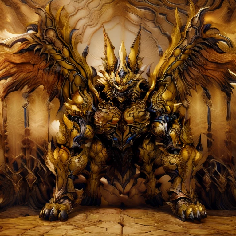 (Pokémon) (Zeraora), (masterpiece, best quality, detailed:1.2), (nj5furry), (medieval armor:1.3) sparkling skin, Vibrant colors, 4K, GOLD armor, Its full plate armor emphasizes the muscles. big muscle (pecs, triceps, traps) unusually developed muscular body, body full of huge muscles. showing off muscles, pectorales enormes. Exaggeratedly huge muscles. Gigachad Muscular, Very muscular, Large pecs, Spread wings, It has wings. have big wings. has 10 large wings. It has large golden wings. The feathers on its wings are detailed and realistic.sitting on the throne,