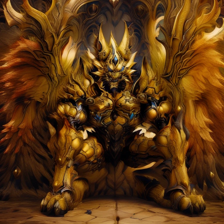 (Pokémon) (Zeraora), (masterpiece, best quality, detailed:1.2), (nj5furry), (medieval armor:1.3) sparkling skin, Vibrant colors, 4K, GOLD armor, Its full plate armor emphasizes the muscles. big muscle (pecs, triceps, traps) unusually developed muscular body, body full of huge muscles. showing off muscles, pectorales enormes. Exaggeratedly huge muscles. Gigachad Muscular, Very muscular, Large pecs, Spread wings, It has wings. have big wings. has 10 large wings. It has large golden wings. The feathers on its wings are detailed and realistic.sitting on the throne,