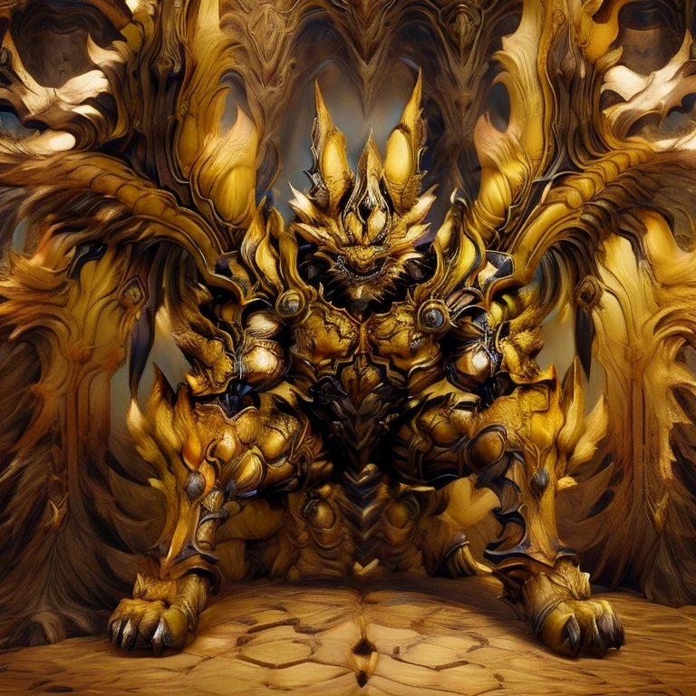 (Pokémon) (Zeraora), (masterpiece, best quality, detailed:1.2), (nj5furry), (medieval armor:1.3) sparkling skin, Vibrant colors, 4K, GOLD armor, Its full plate armor emphasizes the muscles. big muscle (pecs, triceps, traps) unusually developed muscular body, body full of huge muscles. showing off muscles, pectorales enormes. Exaggeratedly huge muscles. Gigachad Muscular, Very muscular, Large pecs, Spread wings, It has wings. have big wings. has 10 large wings. It has large golden wings. The feathers on its wings are detailed and realistic.sitting on the throne,