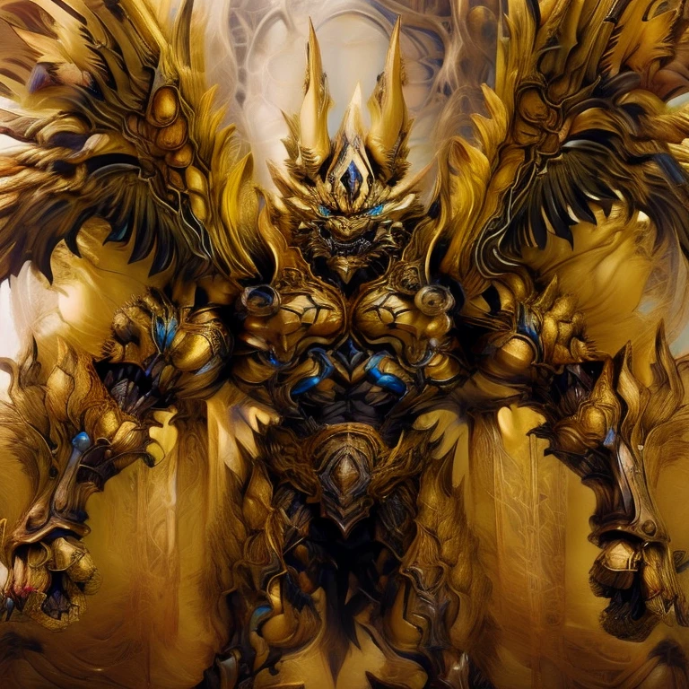 (Pokémon) (Zeraora), (masterpiece, best quality, detailed:1.2), (nj5furry), (medieval armor:1.3) sparkling skin, Vibrant colors, 4K, GOLD armor, Its full plate armor emphasizes the muscles. big muscle (pecs, triceps, traps) unusually developed muscular body, body full of huge muscles. showing off muscles, pectorales enormes. Exaggeratedly huge muscles. Gigachad Muscular, Very muscular, Large pecs, Spread wings, It has wings. have big wings. has 10 large wings. It has large golden wings. The feathers on its wings are detailed and realistic.