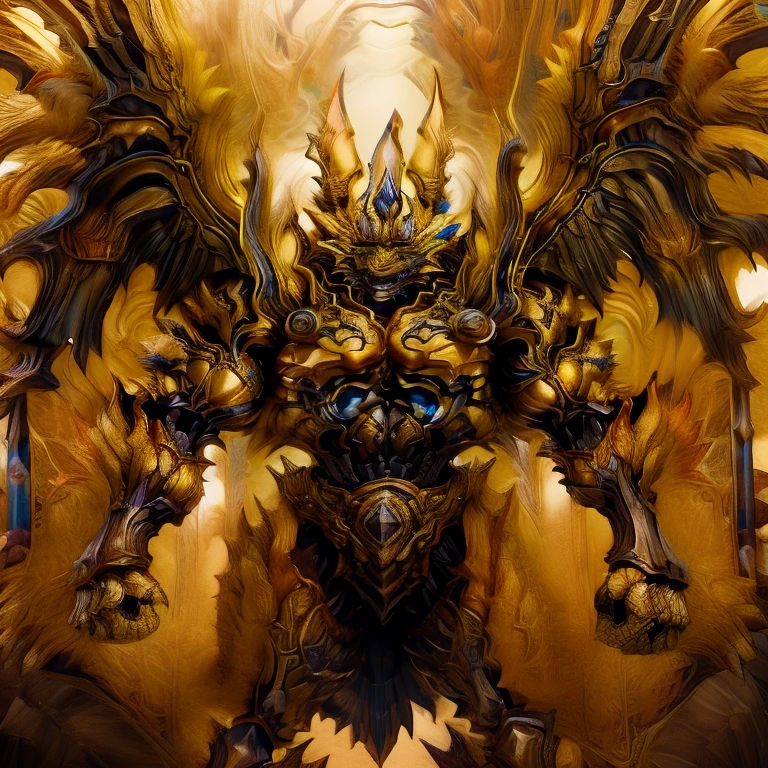 (Pokémon) (Zeraora), (masterpiece, best quality, detailed:1.2), (nj5furry), (medieval armor:1.3) sparkling skin, Vibrant colors, 4K, GOLD armor, Its full plate armor emphasizes the muscles. big muscle (pecs, triceps, traps) unusually developed muscular body, body full of huge muscles. showing off muscles, pectorales enormes. Exaggeratedly huge muscles. Gigachad Muscular, Very muscular, Large pecs, Spread wings, It has wings. have big wings. has 10 large wings. It has large golden wings. The feathers on its wings are detailed and realistic.