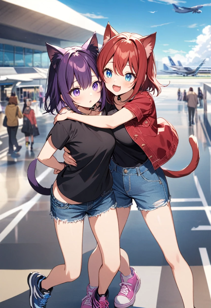 girl with red hair, blue eyes, with a red denim jacket, , and blue denim shorts, blue sneakers, accompanied by a girl with cat ears, dark purple hair, tail, purple eyes, wearing a purple and black t-shirt, with a collar, ripped denim shorts, and purple and pink sneakers, hugging, airport background with plane taking off behind on a sunny day