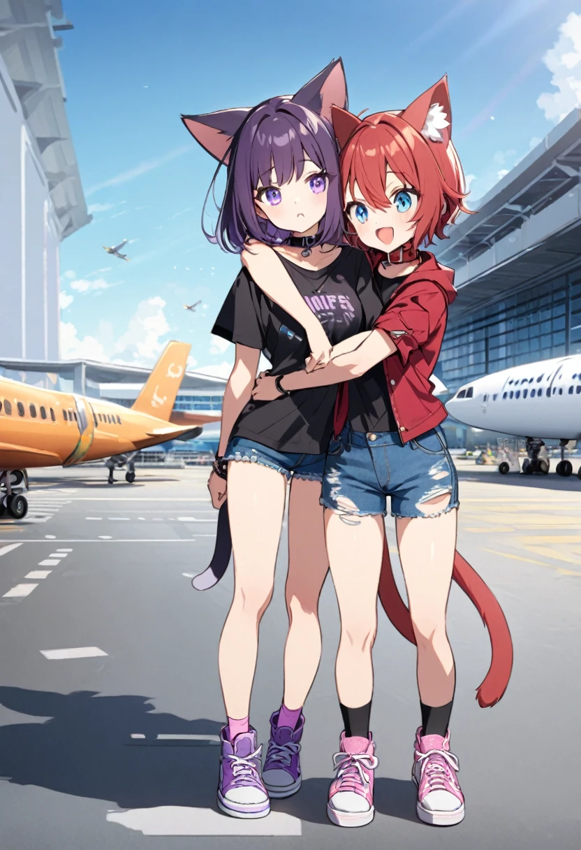 girl with red hair, blue eyes, with a red denim jacket, , and blue denim shorts, blue sneakers, accompanied by a girl with cat ears, dark purple hair, tail, purple eyes, wearing a purple and black t-shirt, with a collar, ripped denim shorts, and purple and pink sneakers, hugging, airport background with plane taking off behind on a sunny day