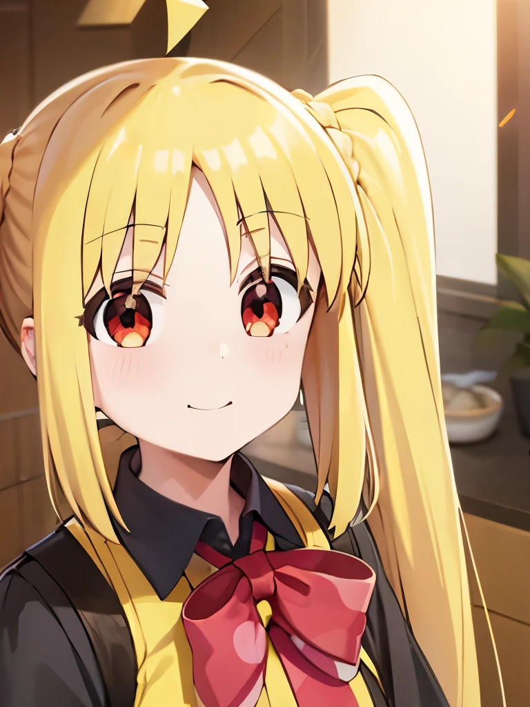 blonde_hair, long_hair, bangs, side_ponytail, look at viewer, ahoge, red_eyes, bow, red_bow, smile mouth, face of happiness 