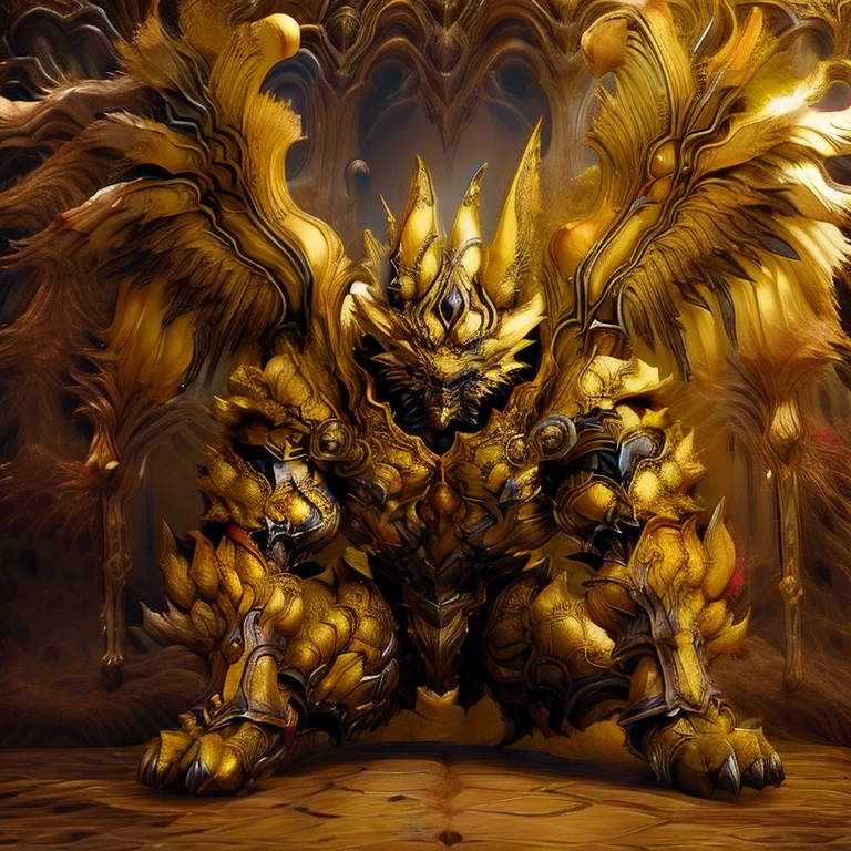 (Pokémon) (Zeraora), (masterpiece, best quality, detailed:1.2), (nj5furry), (medieval armor:1.3) sparkling skin, Vibrant colors, 4K, GOLD armor, Its full plate armor emphasizes the muscles. big muscle (pecs, triceps, traps) unusually developed muscular body, body full of huge muscles. showing off muscles, pectorales enormes. Exaggeratedly huge muscles. Gigachad Muscular, Very muscular, Large pecs, Spread wings, It has wings. have big wings. has 10 large wings. It has large golden wings. The feathers on its wings are detailed and realistic.sitting on the throne,