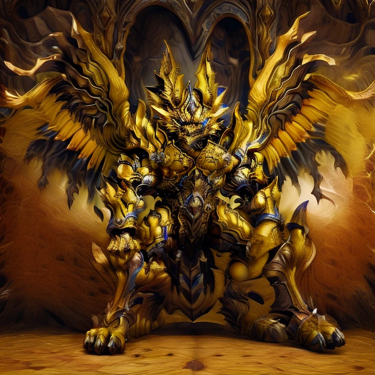 (Pokémon) (Zeraora), (masterpiece, best quality, detailed:1.2), (nj5furry), (medieval armor:1.3) sparkling skin, Vibrant colors, 4K, GOLD armor, Its full plate armor emphasizes the muscles. big muscle (pecs, triceps, traps) unusually developed muscular body, body full of huge muscles. showing off muscles, pectorales enormes. Exaggeratedly huge muscles. Gigachad Muscular, Very muscular, Large pecs, Spread wings, It has wings. have big wings. has 10 large wings. It has large golden wings. The feathers on its wings are detailed and realistic.sitting on the throne,