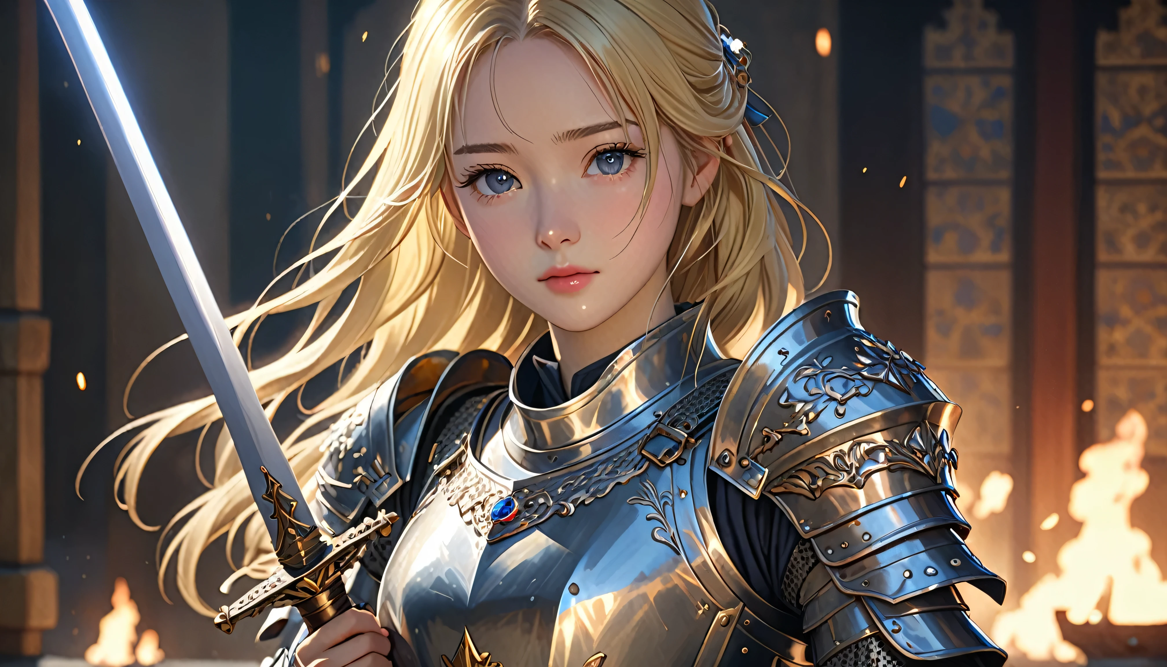 National Science Foundation,masterpiece,High resolution,8K,Art,digit,Three-dimensional,Realism,Facial details,Kyoto Animation Style,Your name style,looking into camera,Soft Light,Glowing skin,(1 female: 1.3),(alone: 1.4),(((Long blonde hair))),(medieval female knight),(Ornate medieval armor),(Holding a jeweled sword in his hand),Long eyelashes,Slender legs,Close-up of upper body,Close-up,(On the battlefield filled with smoke),(Eyes that sparkle like sapphires),(lovely and delicate),(Pitiful),(cry),(shed tears),(((sadness)))