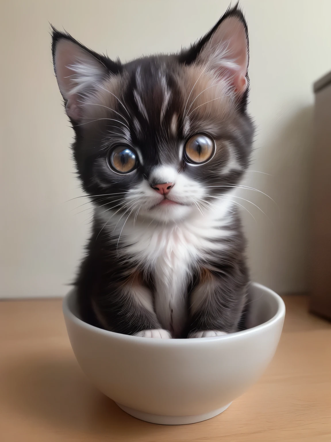 (highest quality,4K,8k,High resolution,masterpiece:1.2),Super detailed,(Realistic,Realistic,Photorealistic:1.37),indoor,Cute black and white mixed kitten,Beautiful crack、Art Gallery、(Very small kitten)、Random Pause