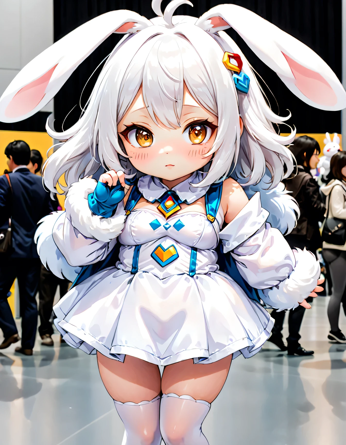 Illustration of a girl wearing a fluffy white costume, rabbit cosplayer, chibi style, taken at Makuhari Messe,