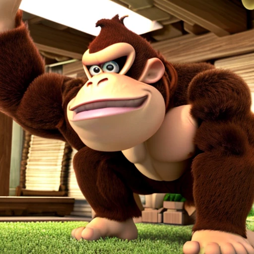 photo portrait of Donkey Kong in Pixar style, standing, flexing muscles