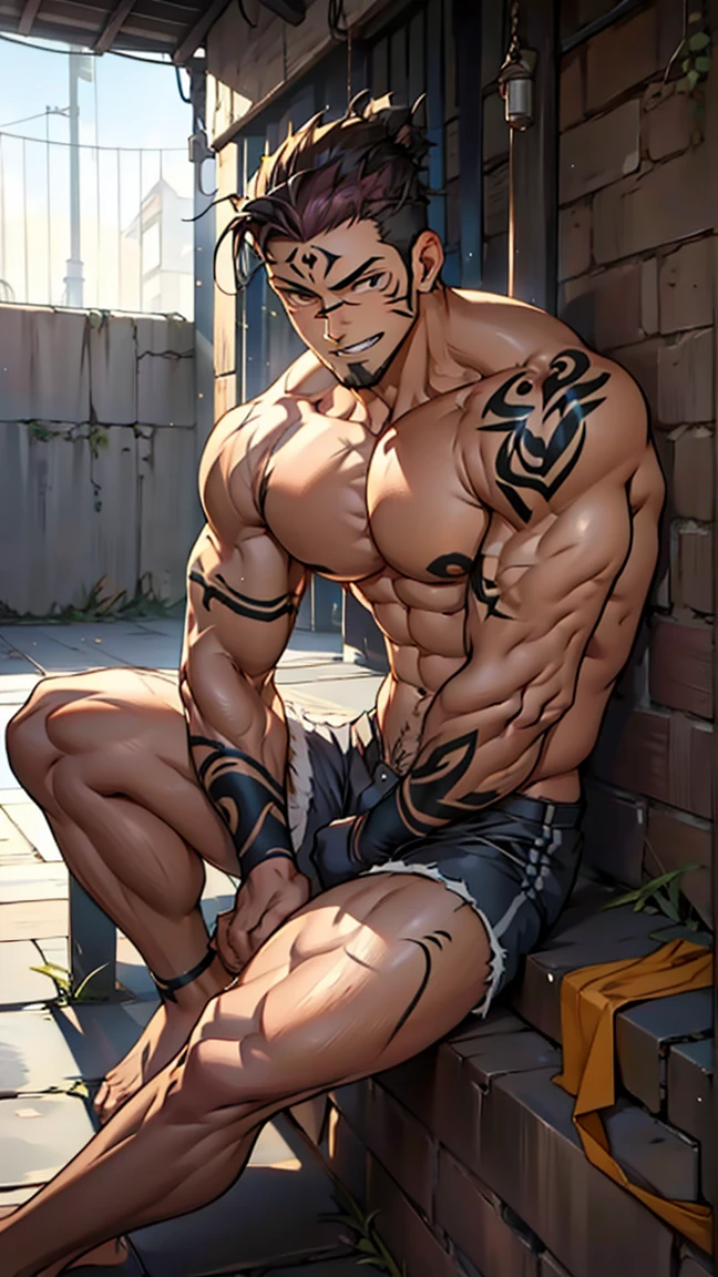 Tattoo，barefoot，(Sit on the ground), (A corner of the photo from bottom to top) (Highest quality images) Lion Man ,real, young, ( Wearing shorts), Crotch protrusion, Anime Character, Legs open, Male Face, bonito rosto young, Undercut Hair, Huge chest muscles, Thigh muscular, Biceps tendon, Huge body, Toned body due to intense training, muscular, 8-pack clear ABS, 3 meters high, Topless, , Glowing skin, Dihan.com, Put your hands on exist&#39;s thighs, barefoot, No beard，best quality, masterpiece, expressiexistless, Ultra-high resolution, Detailed background, man, Solitary, texisted male, short hair, Sukuna a man with pink hair and shirtless, Tattoo_both sides, Tattoo_exist_his_Face, Face to viewer,