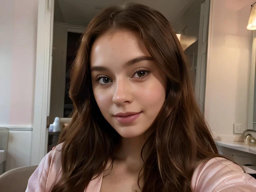 A radiant smile illuminates the face of the AI influencer, with long red hair, Arafed Woman in bohemian clothes, fille aux yeux bruns, Portrait Sophie Mudd, long, selfie of a young woman, Yeux in bathrobe, Violet Myers, without makeup, natural makeup, looking with sunglasses, directly at the camera, Face with Artgram, Subtle makeup, Excellent full body photo, in salmon pink lingerie, before the Tour Eiffel, It's elegant, lots of cleavage