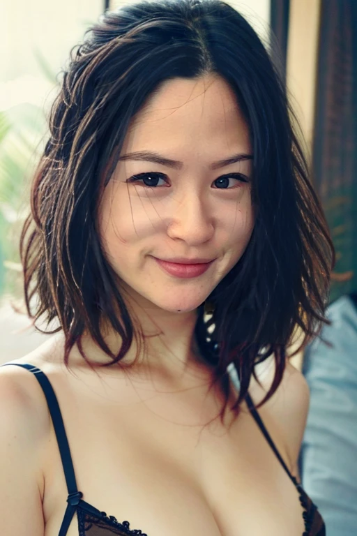 a woman, brown hair, brown eyes, fit body, Long Hair, hair parted in the middle, straight hair, lingerie, in a room, ((Top Quality, 8k, Masterpiece: 1.3)), Ultra Detailed Face, Highly Detailed Lips, Detailed Eyes, accurate, Soft Light, Ultra High Resolution, RAW Photo, (realistic, photo-realistic:1.37), full body in photo, depth of field, cinematic lighting, wide shot, super detail, best quality, 8k, textured skin, high details, award winning, highres,