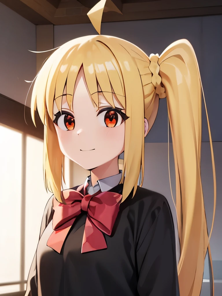 blonde_hair, long_hair, bangs, side_ponytail, look at viewer, ahoge, red_eyes, bow, red_bow, smile mouth, face of happiness 