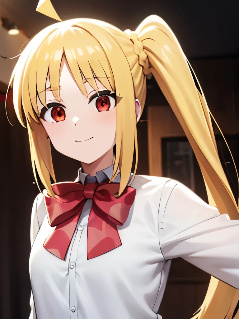 blonde_hair, long_hair, bangs, side_ponytail, look at viewer, ahoge, red_eyes, bow, red_bow, smile mouth, face of happiness 