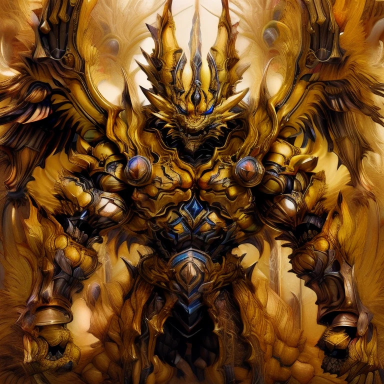 (Pokémon) (Zeraora), (masterpiece, best quality, detailed:1.2), (nj5furry), (medieval armor:1.3) sparkling skin, Vibrant colors, 4K, GOLD armor, Its full plate armor emphasizes the muscles. big muscle (pecs, triceps, traps) unusually developed muscular body, body full of huge muscles. showing off muscles, pectorales enormes. Exaggeratedly huge muscles. Gigachad Muscular, Very muscular, Large pecs, Spread wings, It has wings. have big wings. has 10 large wings. It has large golden wings. The feathers on its wings are detailed and realistic.