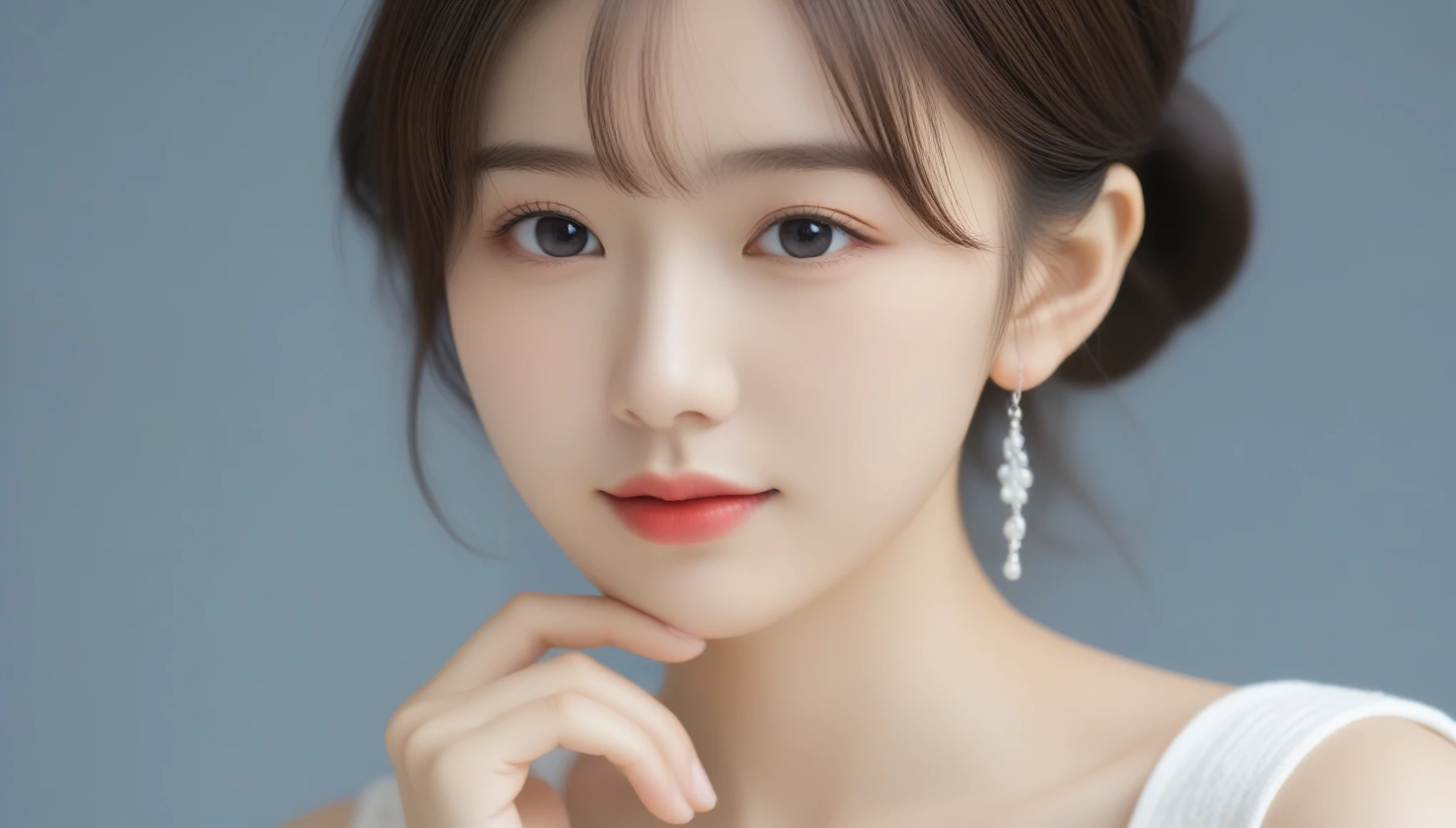 8k, Ultra-high resolution, highest quality, masterpiece, Surreal, photograph, 1 girl, (:1.3), pretty girl, Cute Face, Beautiful eyes in every detail, 細かくdetailedに,masterpiece,, One Girl:1.2, Japanese womenアナウンサー, One beautiful woman, Japanese women 、(Random Hairstyles:1.2)、非常にdetailedな顔、Attention to detail、double eyelid、Sharp focus:1.2、Beautiful woman:1.4、Dark brown hair, lightweight knitwear、thin、Serious expression、Earrings,Bold Pose,Looking at the audience、beauty,Long neck、Laugh a little、Please close your mouth and laugh、(((Ideal body type))),A cup small breasts :2,、Portraiture:2、Perfect Anatomy、鮮明なdetailed、detailed、Surreal、Light and shadow,Strong light,Fashion magazine cover,thin唇