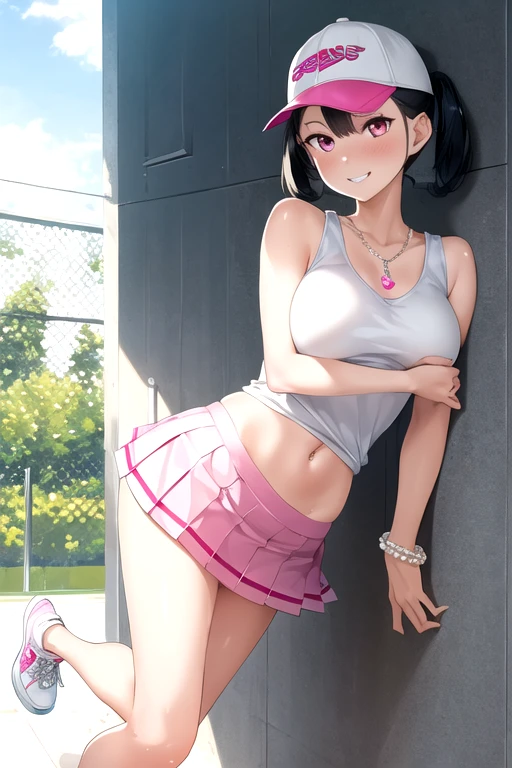 masterpiece, best quality, 8K, 1 girl, detailed face, detailed skin, detailed outfit, detailed background, perfect eye, cute, erotic, beautiful legs, big breasts, young girl, smile, show her white teeth, blushing, sparkling sweat, sleeveless shirt, light blue shirt, navel piercing, pearl pierce, pleated mini skirt, pink skirt, pearl bracelet, pearl necklace, pearl earing, pearl anklet, sneakers, tennis court, harsh sunlight, look at viewer, gal, bitch, athlete, black hair, pink eyes, short twin tail, cap