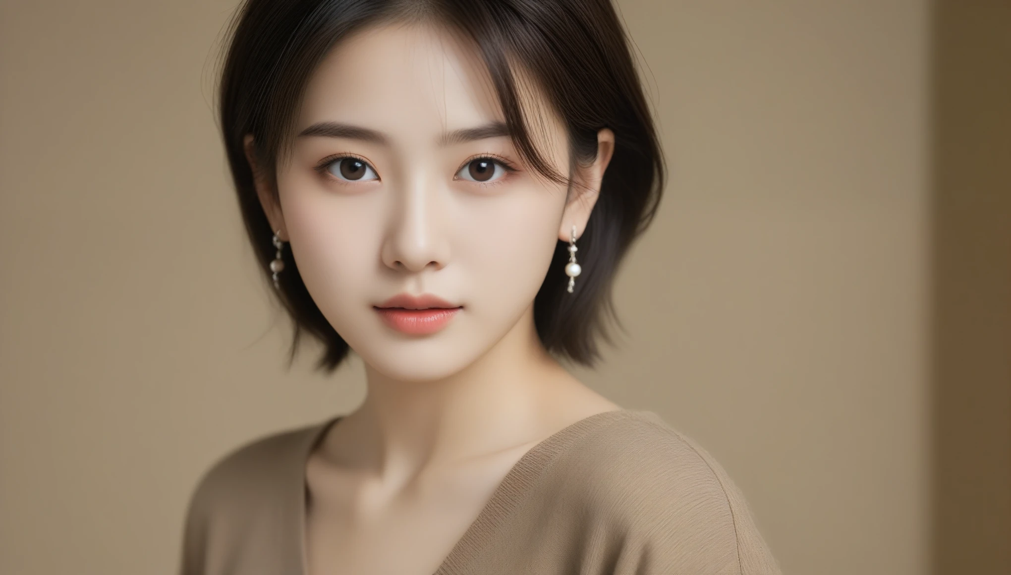 8k, Ultra-high resolution, highest quality, masterpiece, Surreal, photograph, 1 girl, (16 years old:1.3), pretty girl, Cute Face, Beautiful eyes in every detail, 細かくdetailedに,masterpiece,, One Girl:1.2, Japanese womenアナウンサー, One beautiful woman, Japanese women 、(Random Hairstyles:1.2)、非常にdetailedな顔、Attention to detail、double eyelid、Sharp focus:1.2、Beautiful woman:1.4、Dark brown hair, lightweight knitwear、thin、Serious expression、Earrings,Bold Pose,Looking at the audience、beauty,Long neck、Laugh a little、Please close your mouth and laugh、(((Ideal body type))),A cup small breasts :2,、Portraiture:2、Perfect Anatomy、鮮明なdetailed、detailed、Surreal、Light and shadow,Strong light,Fashion magazine cover,thin唇