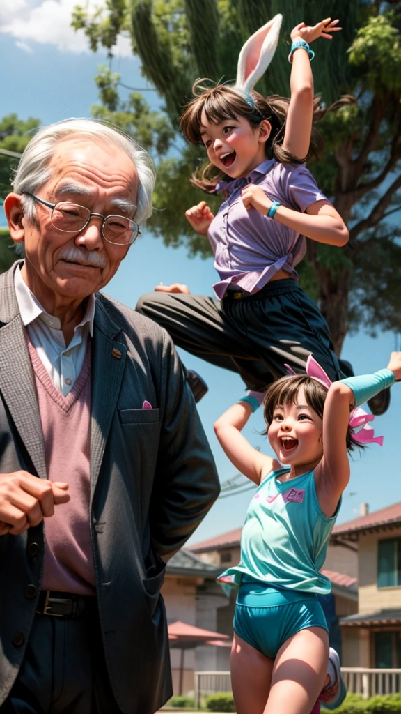 Bunny ears、Funny old man and his daughter、Jumping