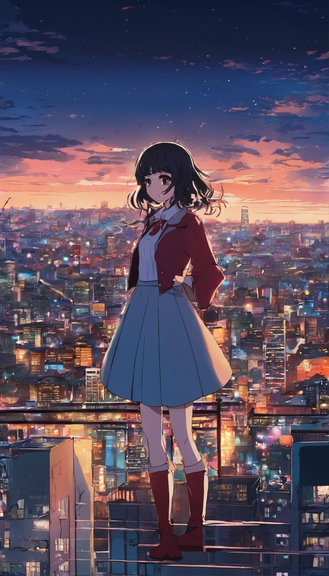 (masterpiece), high quality, 1 Girl, Anime Style, Are standing, rooftop, gaze, Night Sky, star, anime wallpaper 4k, 4k anime wallpaper, Anime Art Wallpapers 8K, anime art wallpaper 4k, anime art wallpaper 4k (Xin Haicheng, Cyril Rolland&#39;s idea), Manga Wallpaper 4K, Awesome Wallpapers, 流れstar. Detailed Description: (Female protagonist of an animated series)teeth、star空の下で輝く表情豊かな長い目で、rooftopに自信を持って立っています。It is her