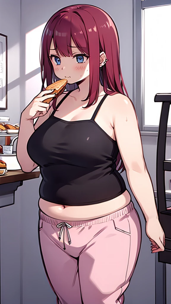 1girl, solo, Lalia from Craving Control, chubby girl, long bright Red hair, piercing Blue eyes, big bosom, eating a buffet, Pink pajama pants, White top, long loose hair, no hair pin