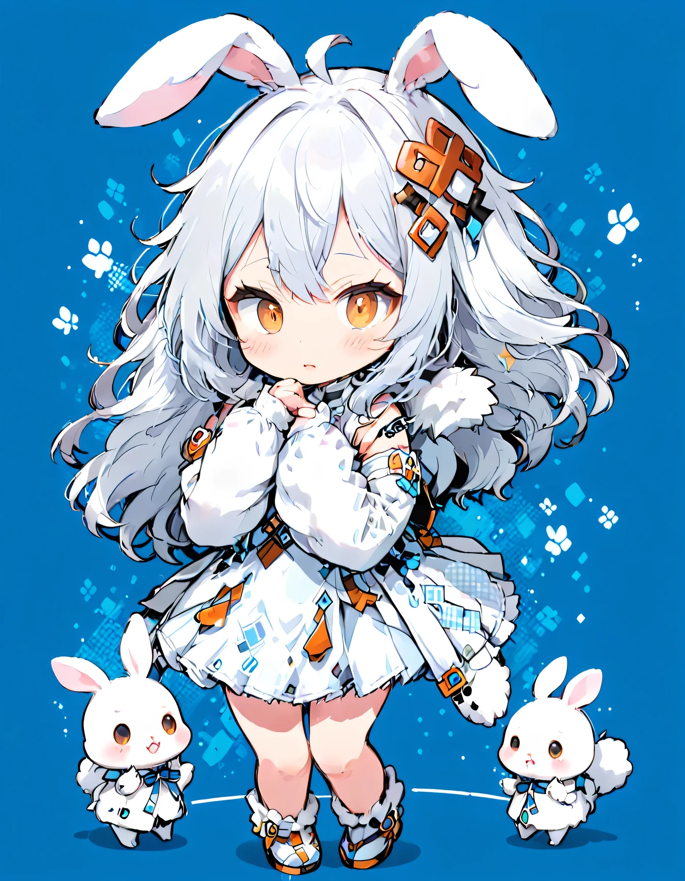 Illustration of a girl wearing a fluffy white costume, rabbit cosplayer, chibi style, taken at Makuhari Messe,