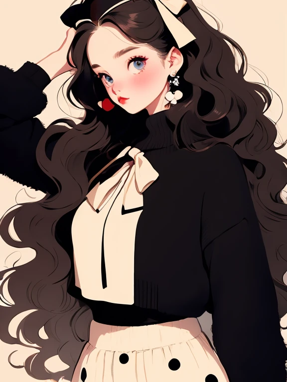 (masterpiece, highest quality:1.2),Beautiful girl，Skin Detail Processing，The eyes are detailed，Delicate Hair，Wavy long hair，long light hair，Put a big ribbon on your head，Black sweater，White dot，skirt，Retro contrast color，Clean background