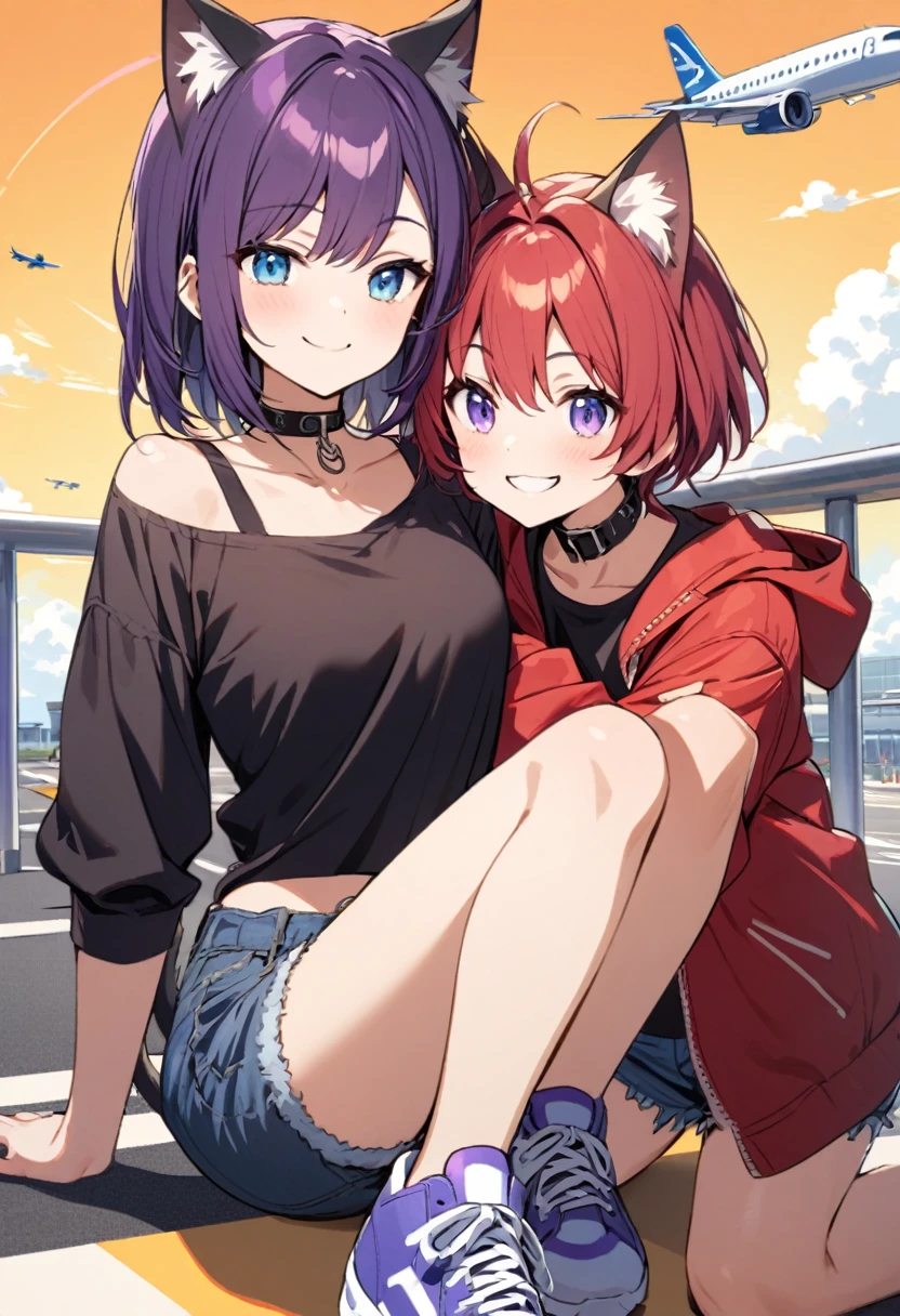 girl with red hair, blue eyes, with a red denim jacket, , and blue denim shorts, blue sneakers, accompanied by a girl with cat ears, dark purple hair, tail, purple eyes, wearing a purple and black t-shirt, with a collar, ripped denim shorts, and purple and pink sneakers, hugging, airport background with airplane taking off behind on a sunny day smiling